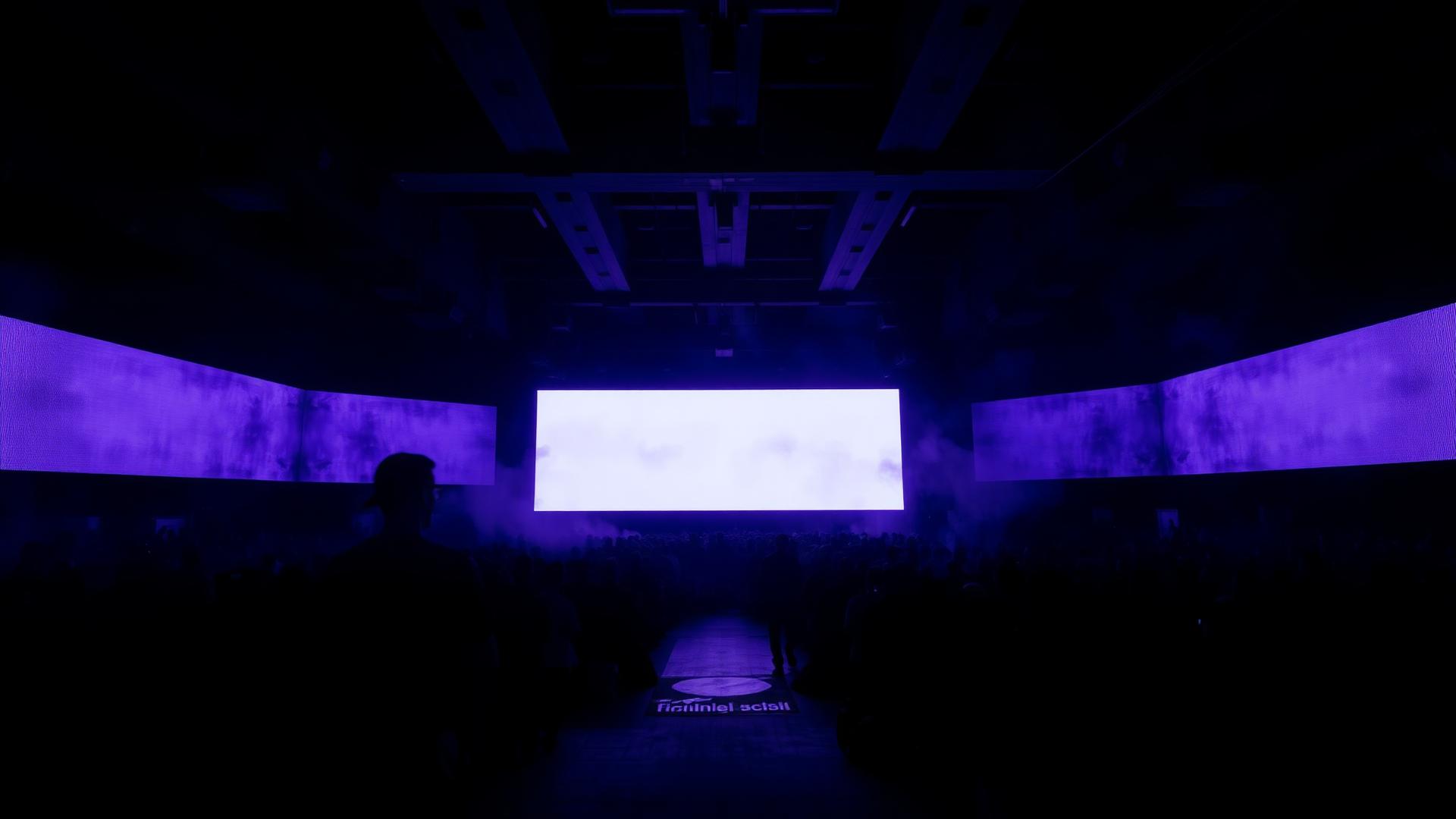 Sala de hormigón con pantalla LED y humo violeta